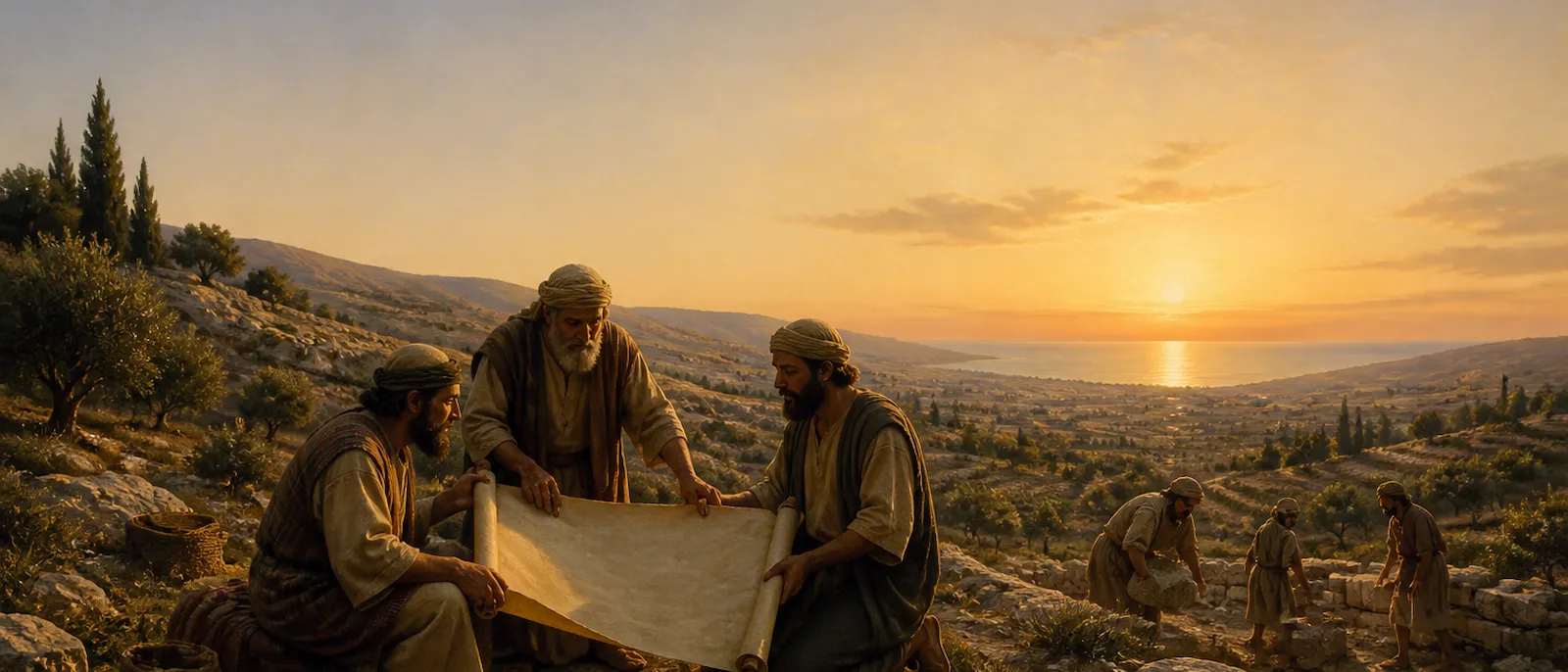 Ancient clansmen gather on a rocky Judean ridge to survey their forested tribal lands and new settlements.