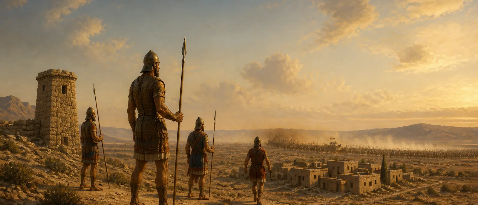 Ancient tall warriors defend a mud-brick settlement in a dry valley against an approaching army on the horizon.