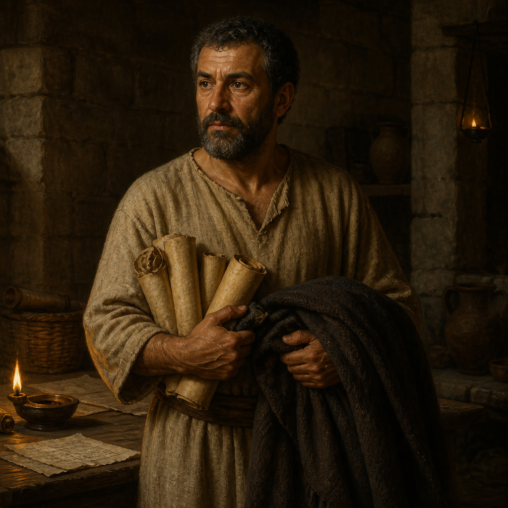 Oil-painting style portrait of Carpus, Believer in Troas who safeguarded the Apostle Paul's cloak and parchments