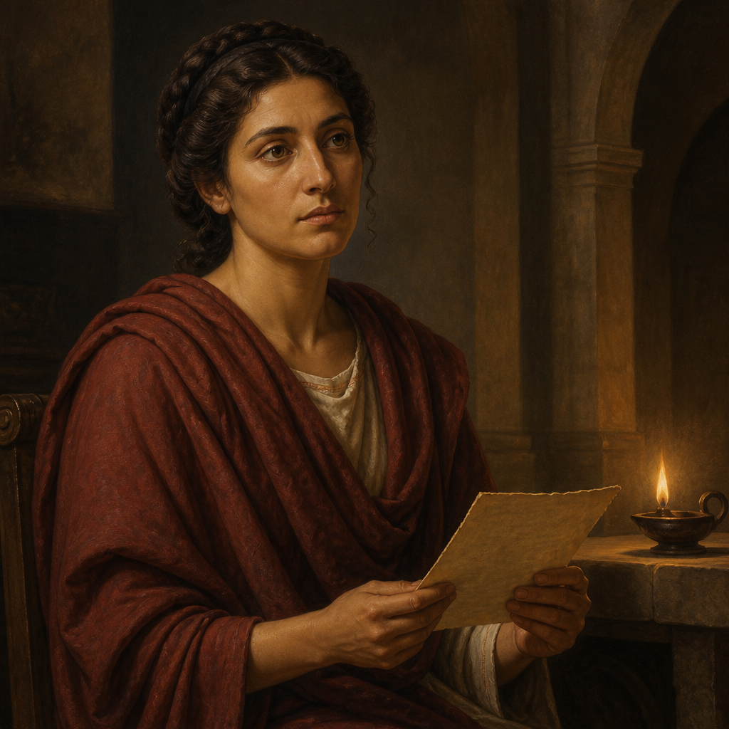 Oil-painting style portrait of Claudia, Christian woman in Rome who sent greetings to Timothy in Paul's final letter