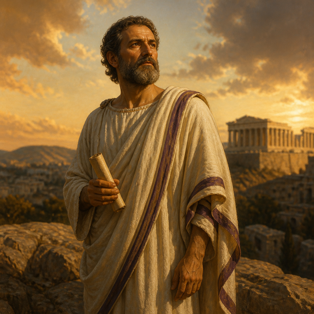 Oil-painting style portrait of Dionysius, Athenian judge who converted to Christianity after hearing Paul's sermon on Mars Hill