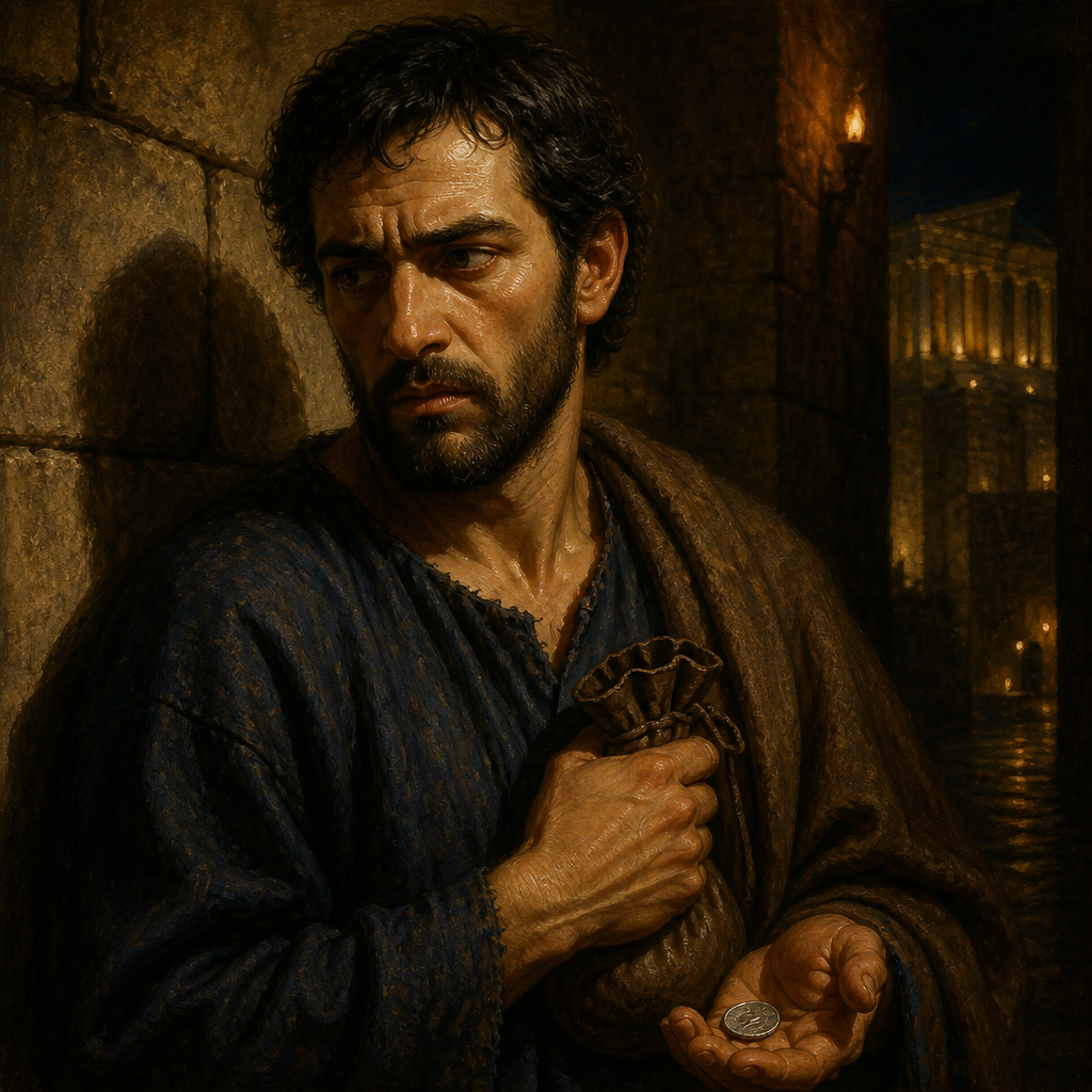 Oil-painting style portrait of Judas Iscariot, Betrayer of Jesus, Apostle who betrayed Jesus for thirty pieces of silver