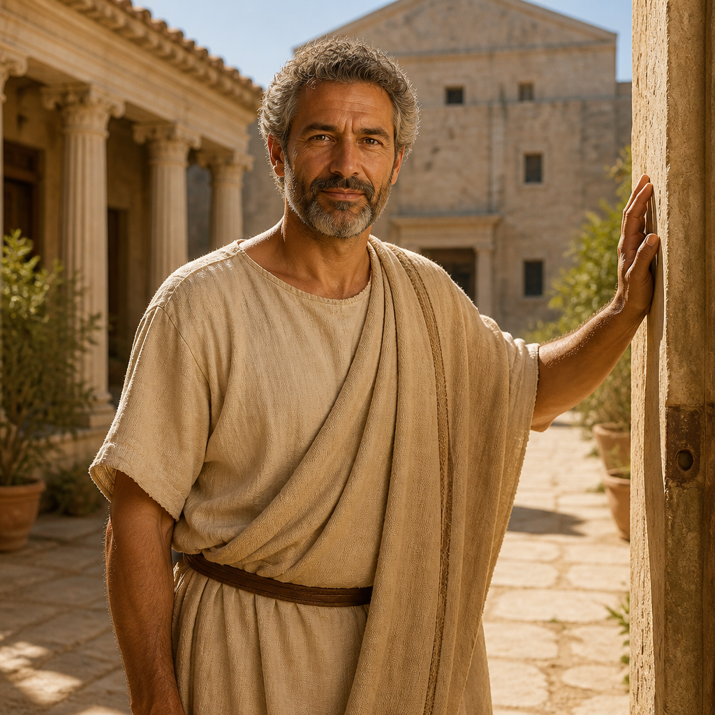 Oil-painting style portrait of Titus Justus, Host of Paul, Homeowner in Corinth who provided a meeting place for Paul next to the synagogue