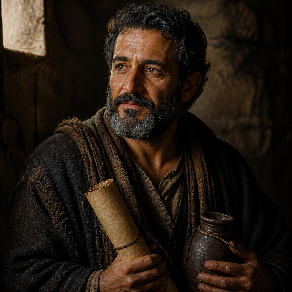 Oil-painting style portrait of Jesus, also called Justus, Jewish Christian worker who assisted Paul during his Roman imprisonment