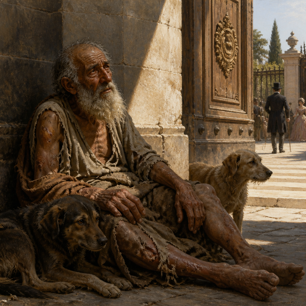 Oil-painting style illustration of Lazarus the Beggar, a character in one of Jesus' parables