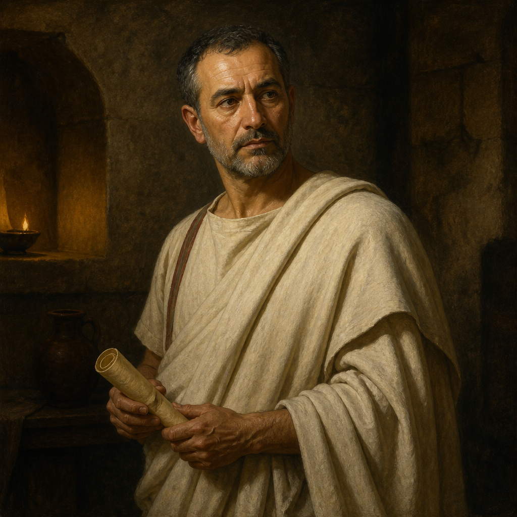 Oil-painting style portrait of Linus, Christian in Rome who sent greetings to Timothy in Paul's final letter