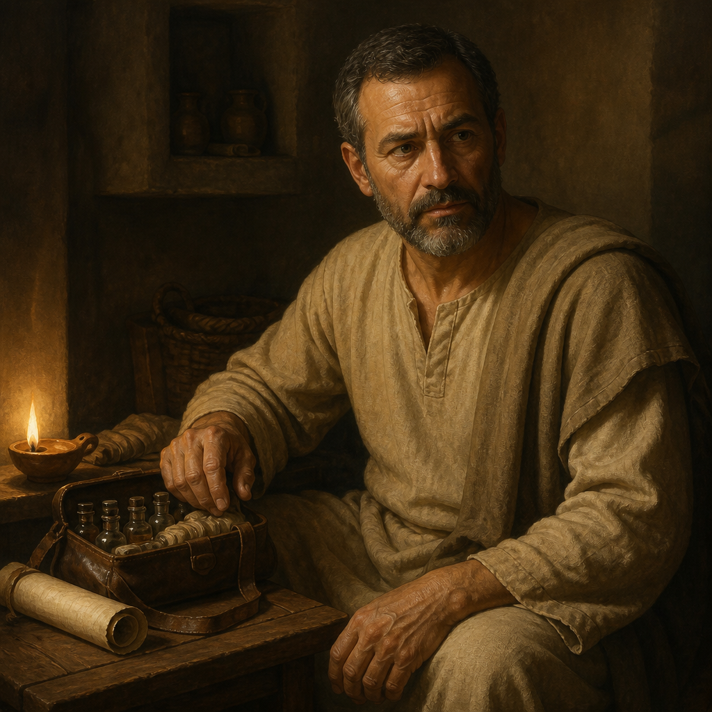 Oil-painting style portrait of Luke, Physician and loyal companion to the Apostle Paul during his imprisonments