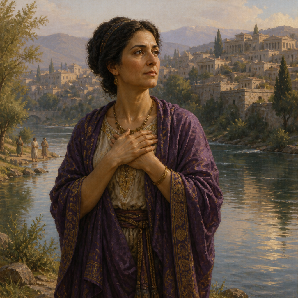 Oil-painting style portrait of Lydia, Merchant who was the first recorded convert to Christianity in Europe