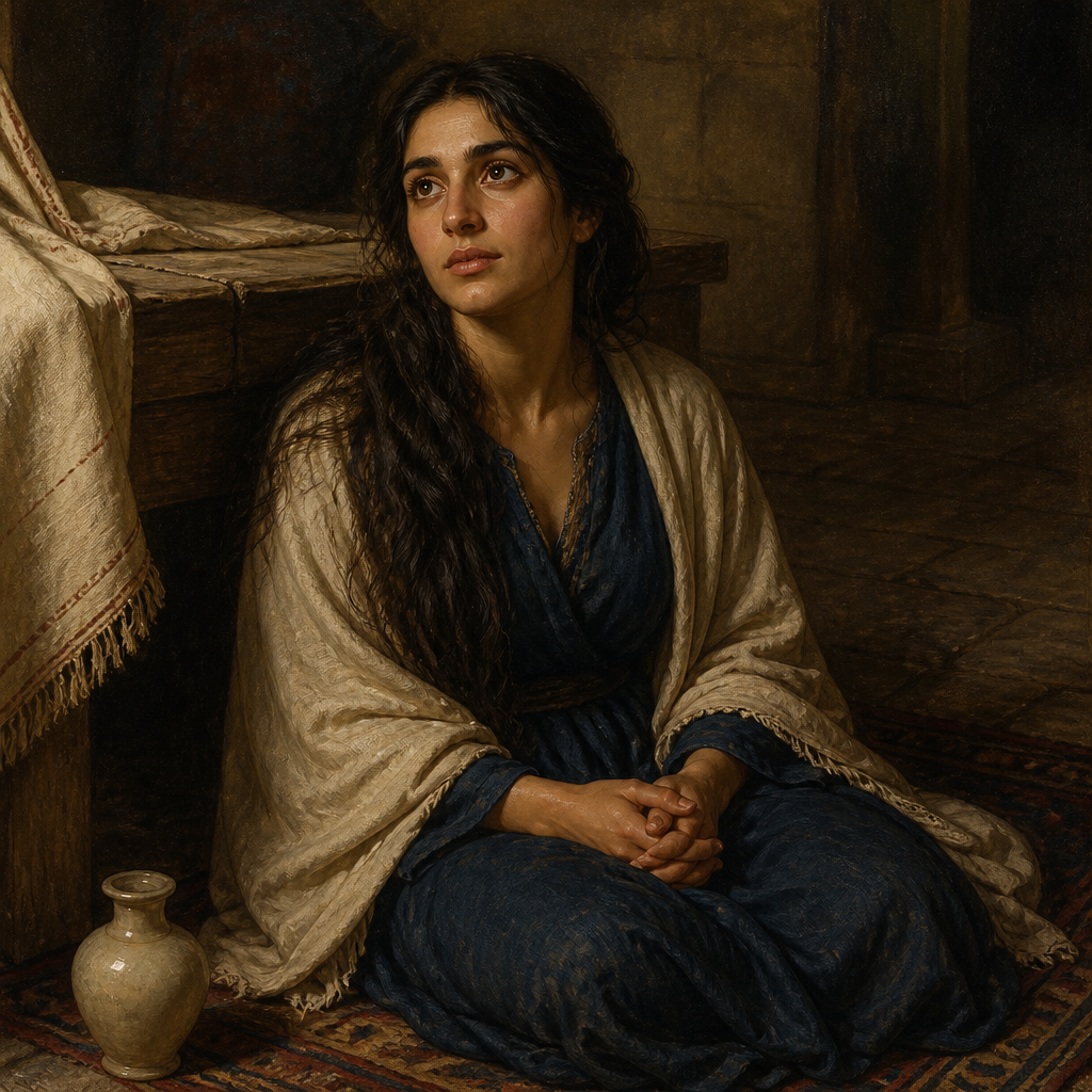 Oil-painting style portrait of Mary, Sister of Martha and Lazarus, Disciple who sat at Jesus' feet and anointed Him with expensive perfume