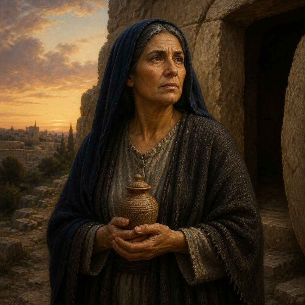 Oil-painting style portrait of Mary, Mother of James and Joses, mother of James and Joses who witnessed the crucifixion and resurrection of Jesus