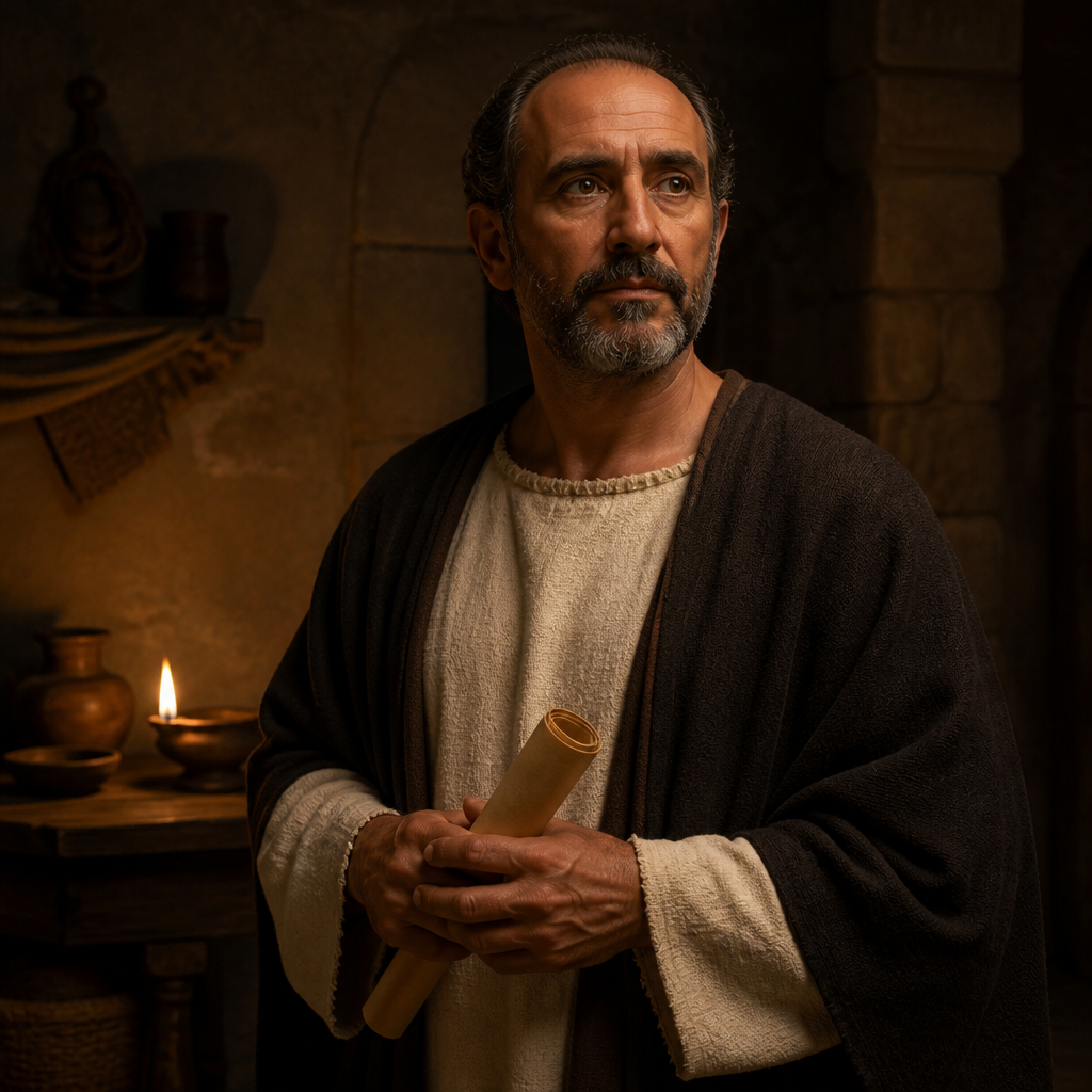 Oil-painting style portrait of Olympas, Christian believer in Rome greeted by the Apostle Paul