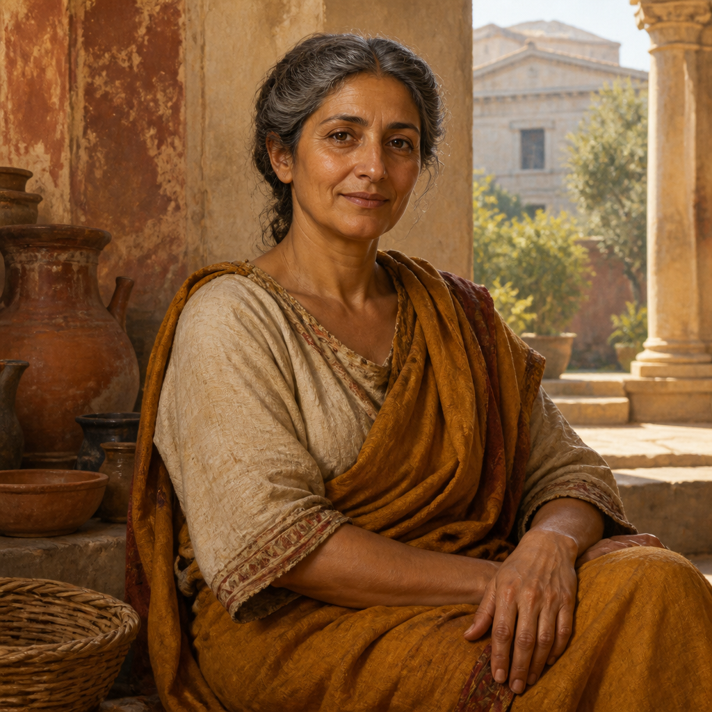 Oil-painting style portrait of Persis, Christian woman in Rome commended by Paul for her intense labor for the Gospel