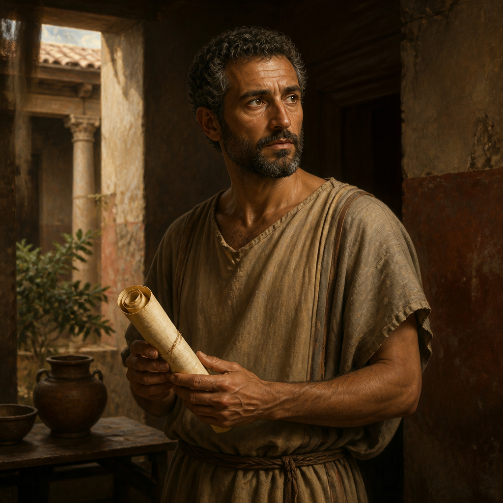 Oil-painting style portrait of Phlegon, Christian believer in Rome greeted by the Apostle Paul