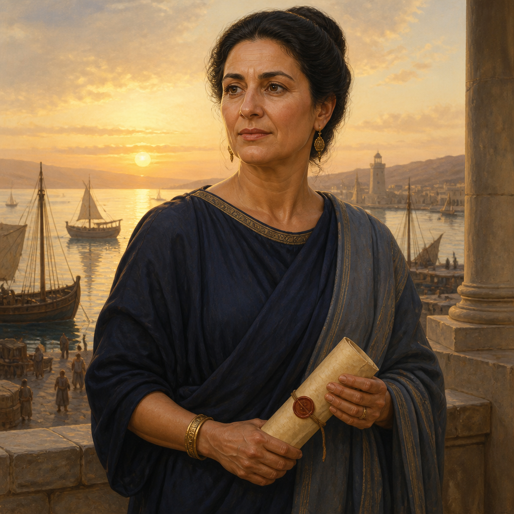 Oil-painting style portrait of Phoebe, Servant of the church in Cenchrea and patron of the apostle Paul who delivered the Epistle to the Romans