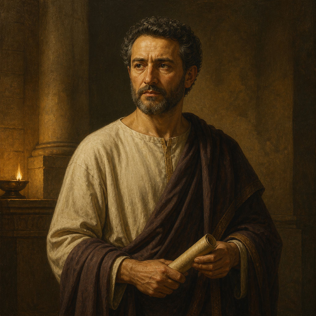 Oil-painting style portrait of Pudens, Christian in Rome who sent greetings to Timothy in Paul's final letter