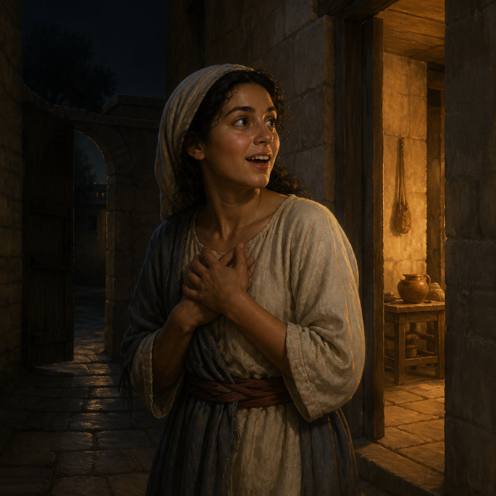Oil-painting style portrait of Rhoda, Servant girl who recognized Peter's voice after his escape from prison