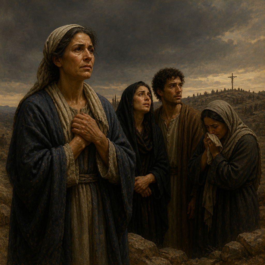 Oil-painting style scene of Salome, Mother of the Sons of Zebedee, figures from the Bible