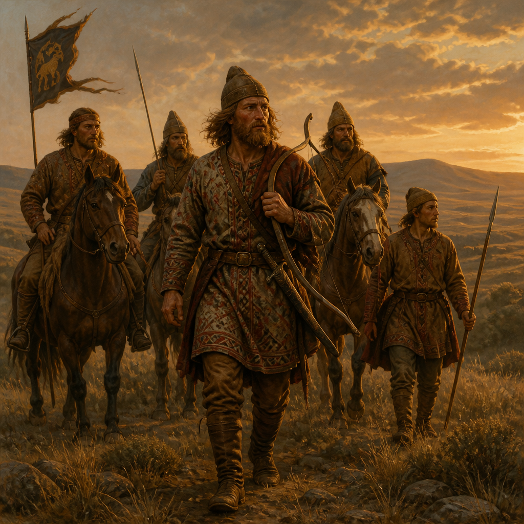 Oil-painting style scene of Scythians, figures from the Bible