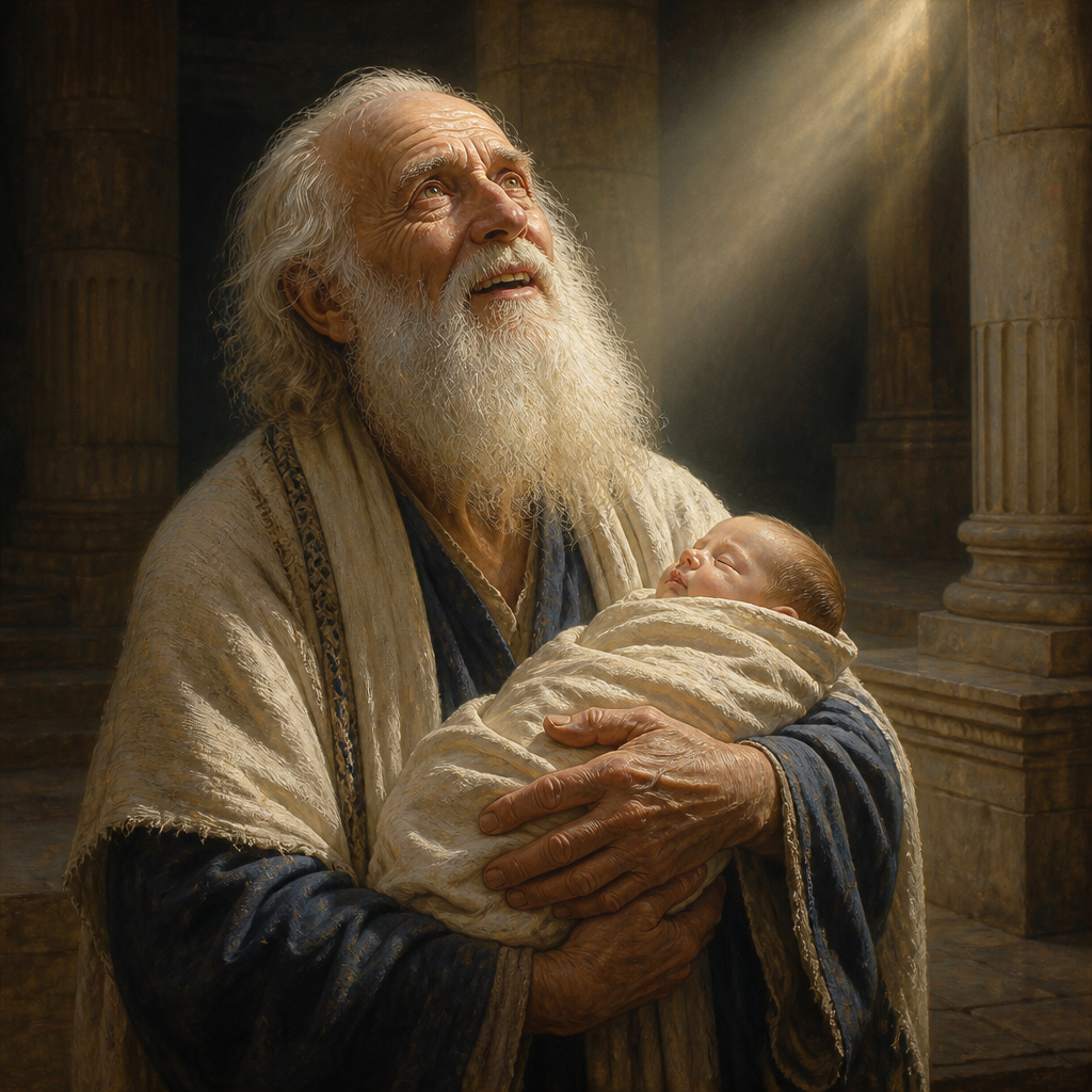 Oil-painting style portrait of Simeon, Witness of the Presentation, Prophet who identified the infant Jesus as the Messiah in the Temple