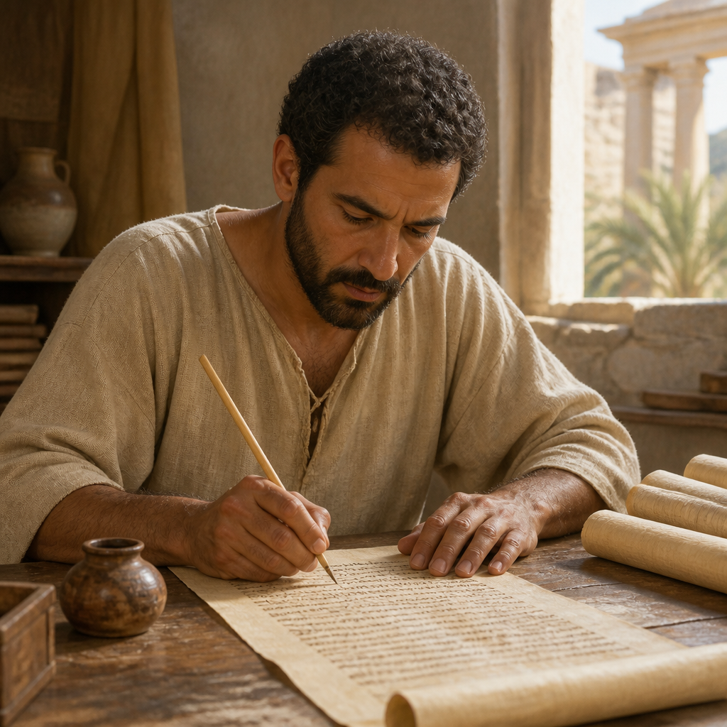 Oil-painting style portrait of Tertius, Scribe who physically wrote the Epistle to the Romans for Paul