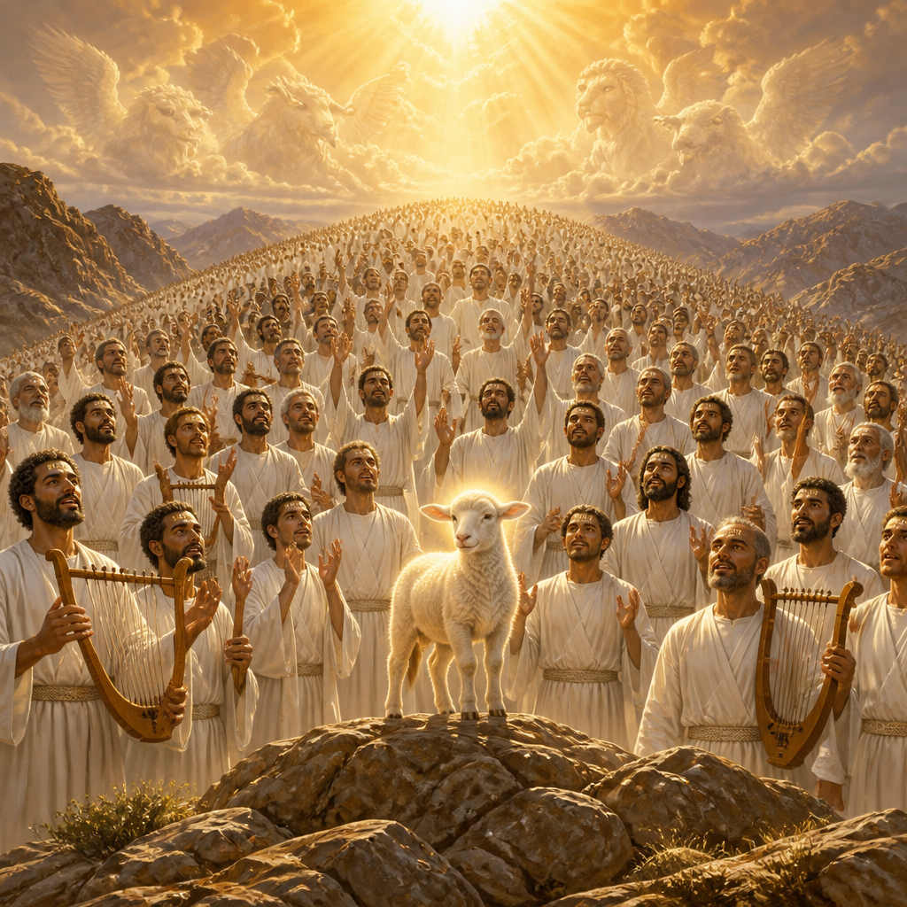Oil-painting style scene of The 144,000, figures from the Bible