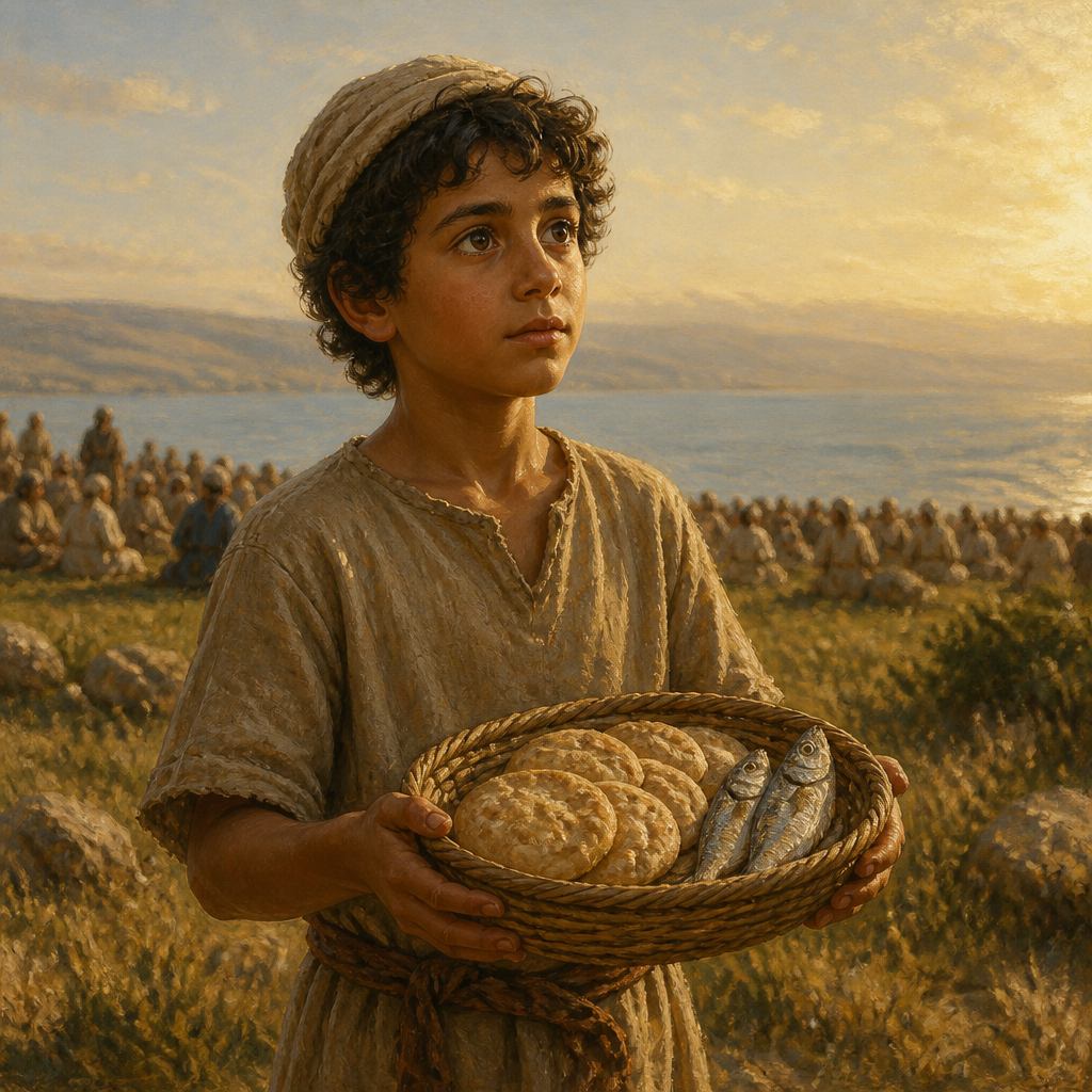 Oil-painting style portrait of The Boy with the Loaves and Fish, Young lad who provided the five barley loaves and two fish for the feeding of the five thousand