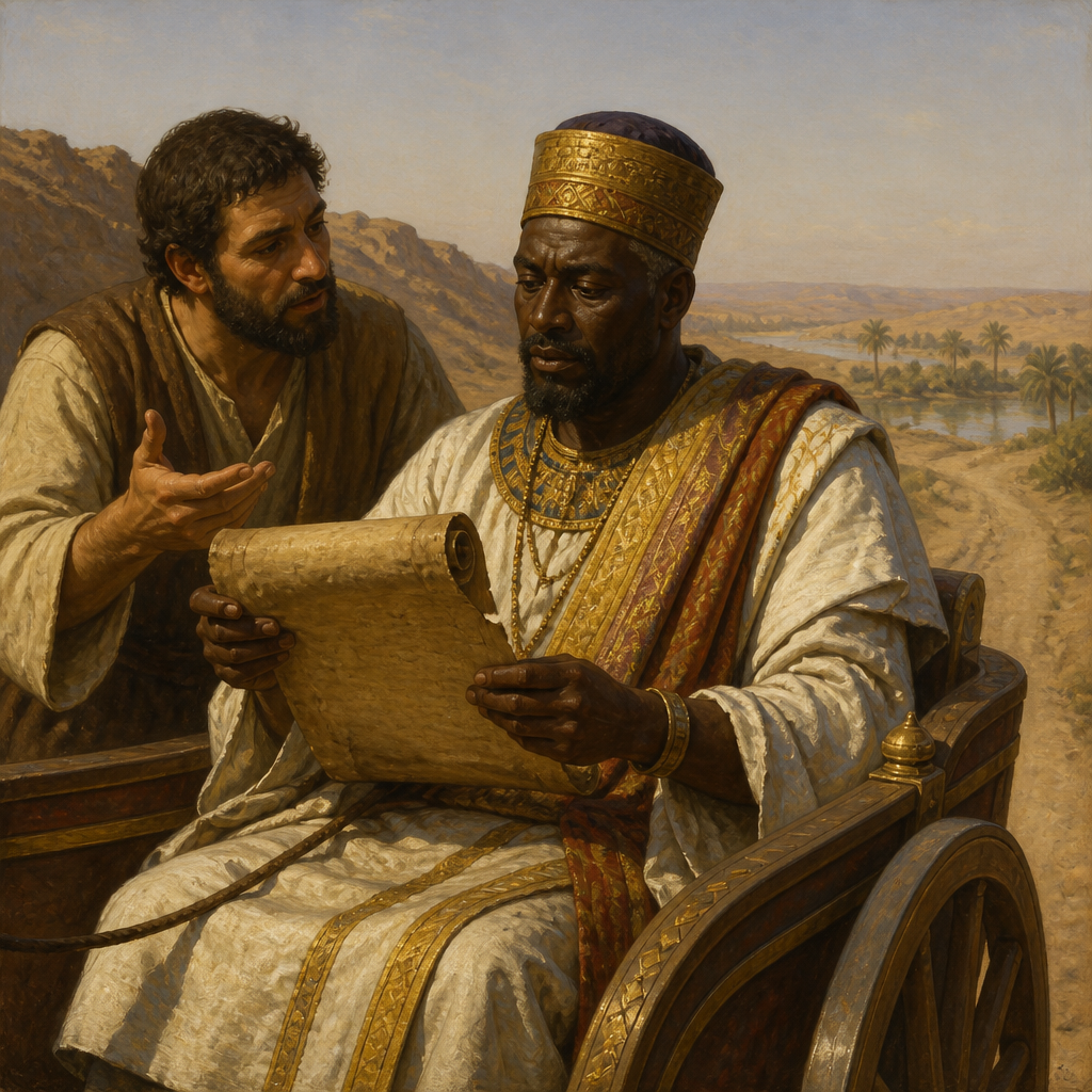 Oil-painting style portrait of The Ethiopian Eunuch, Court official who was baptized by Philip the Evangelist after reading Isaiah