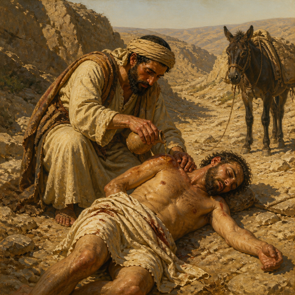 Oil-painting style illustration of The Good Samaritan, a character in one of Jesus' parables