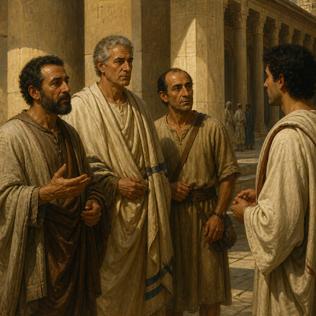 Oil-painting style scene of The Greeks Who Wanted to See Jesus, figures from the Bible