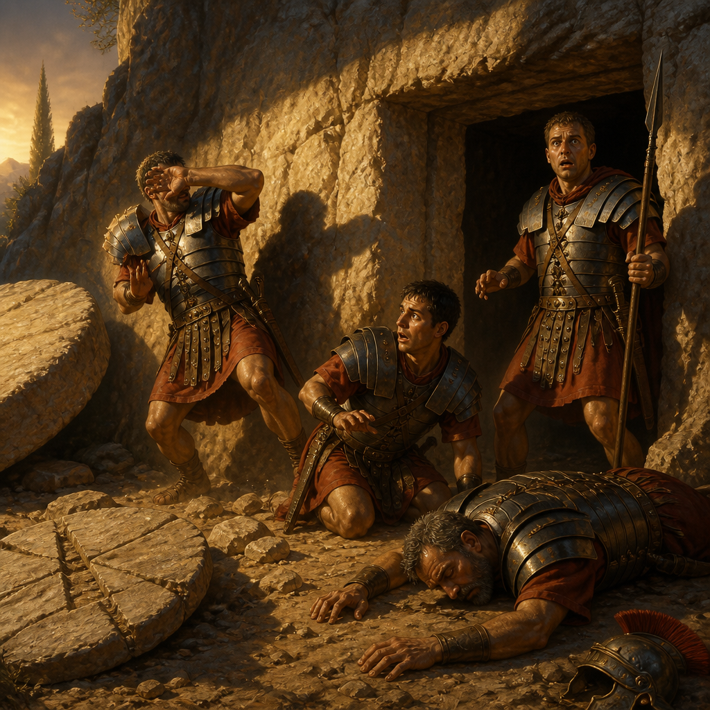Oil-painting style scene of The Guards at Jesus' Tomb, figures from the Bible