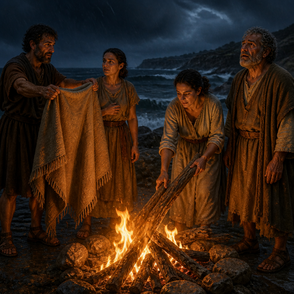 Oil-painting style scene of The Islanders of Malta, figures from the Bible