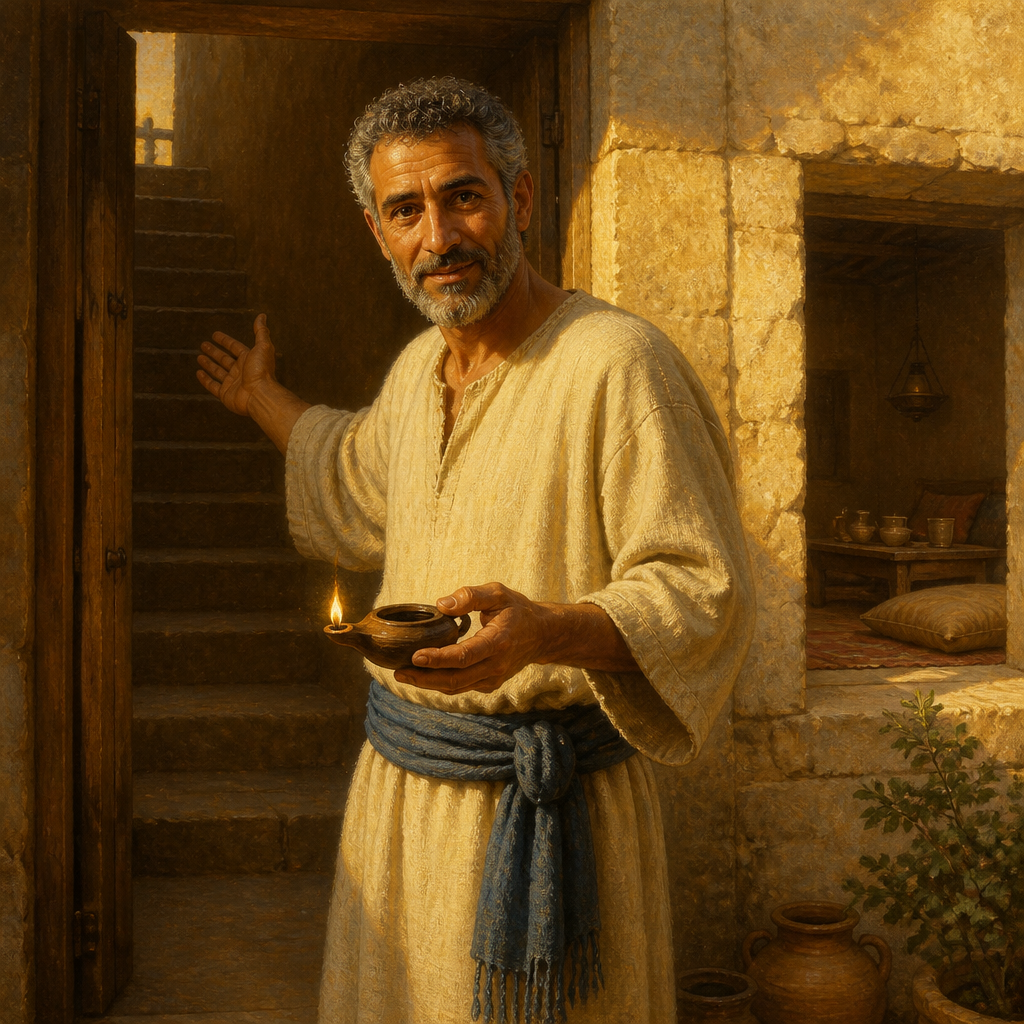 Oil-painting style portrait of The Owner of the Upper Room, Householder who provided the location for the Last Supper