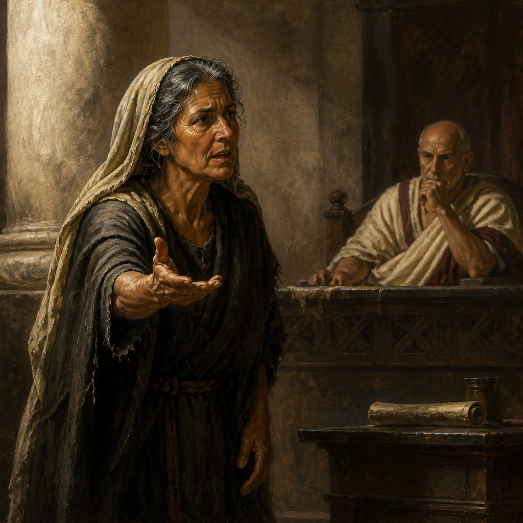 Oil-painting style illustration of The Persistent Widow, a character in one of Jesus' parables
