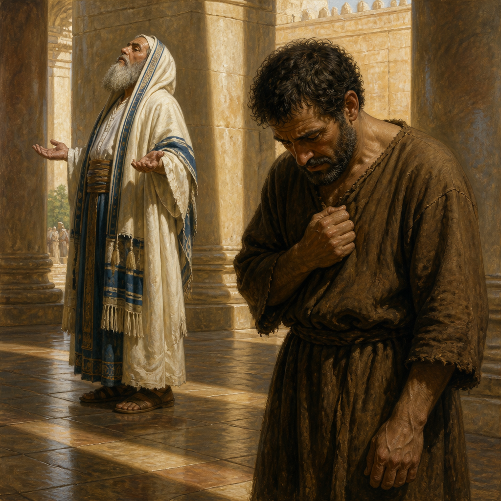 Oil-painting style illustration of The Pharisee and the Tax Collector, a character in one of Jesus' parables