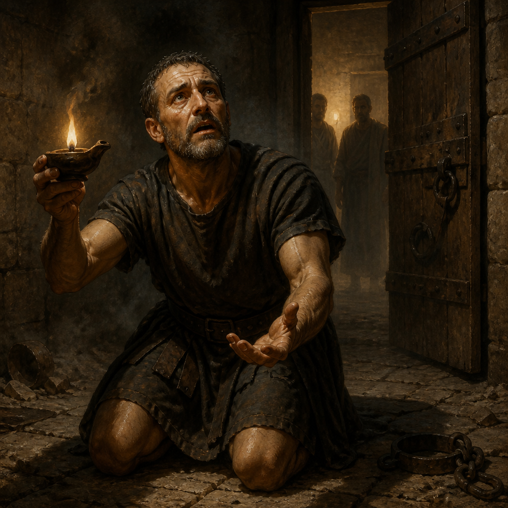 Oil-painting style portrait of The Philippian Jailer, Jailer in Philippi who converted to Christianity after an earthquake