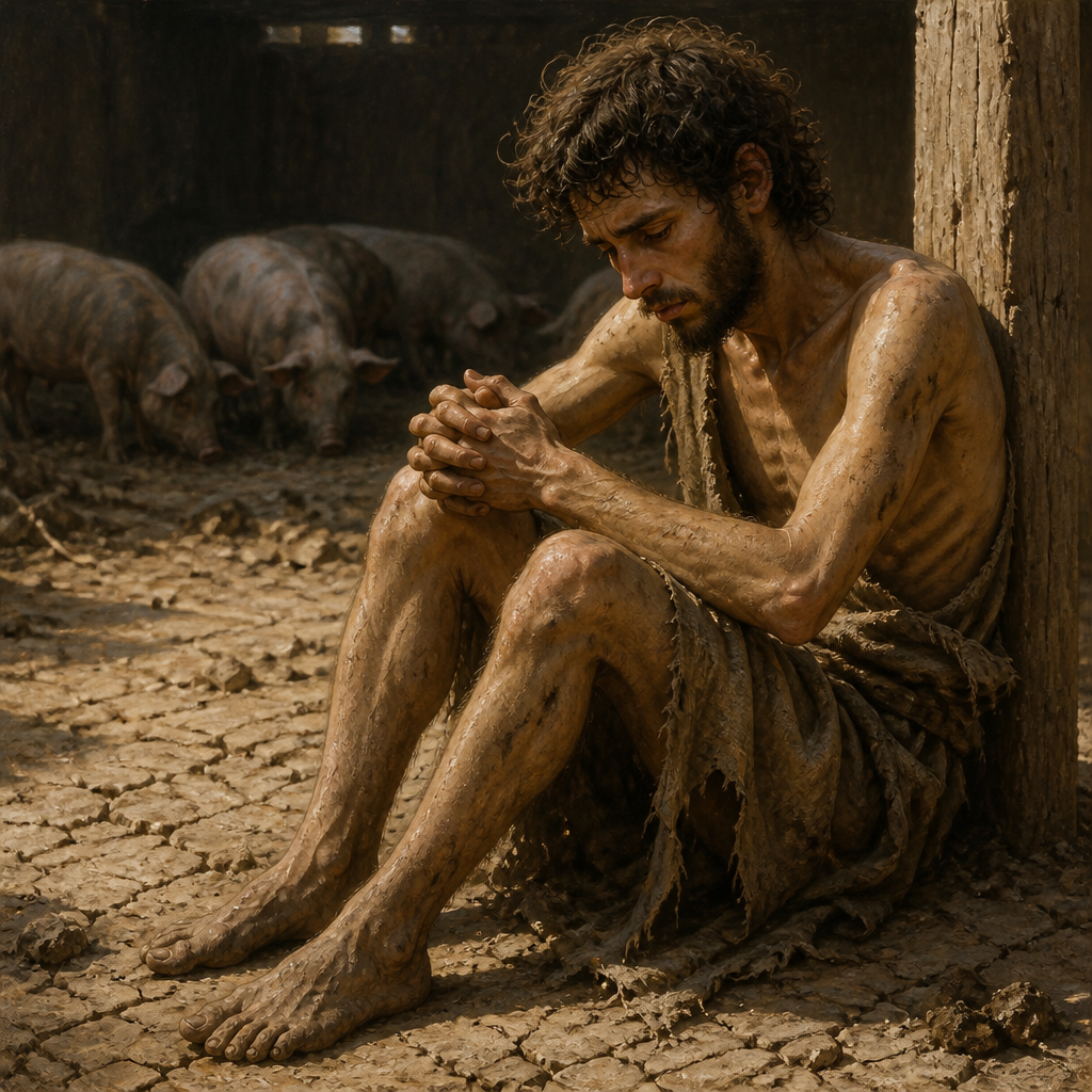 Oil-painting style illustration of The Prodigal Son, a character in one of Jesus' parables