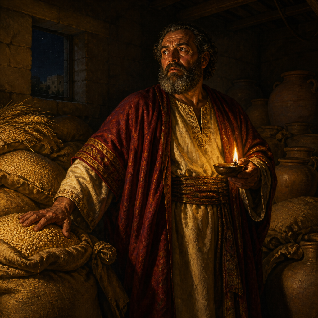 Oil-painting style illustration of The Rich Fool, a character in one of Jesus' parables
