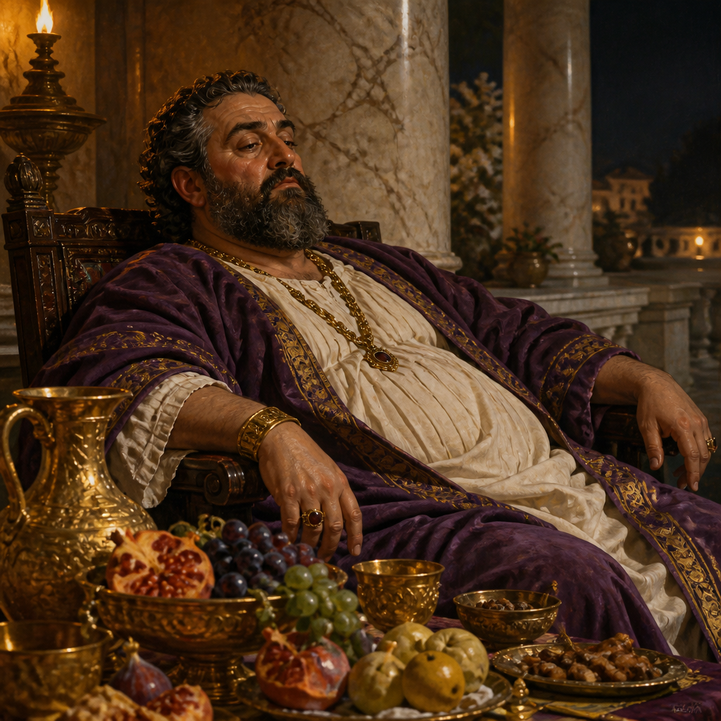 Oil-painting style illustration of The Rich Man (Dives), a character in one of Jesus' parables