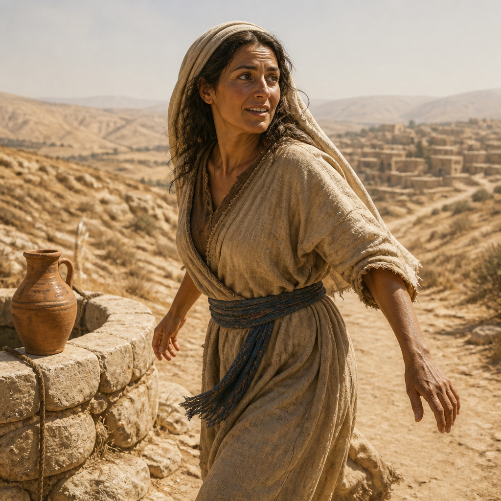 Oil-painting style portrait of The Samaritan Woman at the Well, Woman who met Jesus at Jacob's Well and brought her town to believe in Him