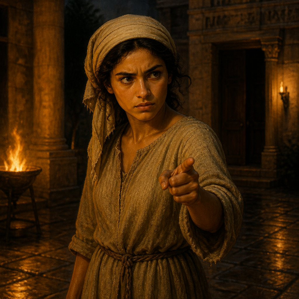 Oil-painting style portrait of The Servant Girl at the High Priest's Courtyard, Servant who recognized Peter in the courtyard and caused his first denial