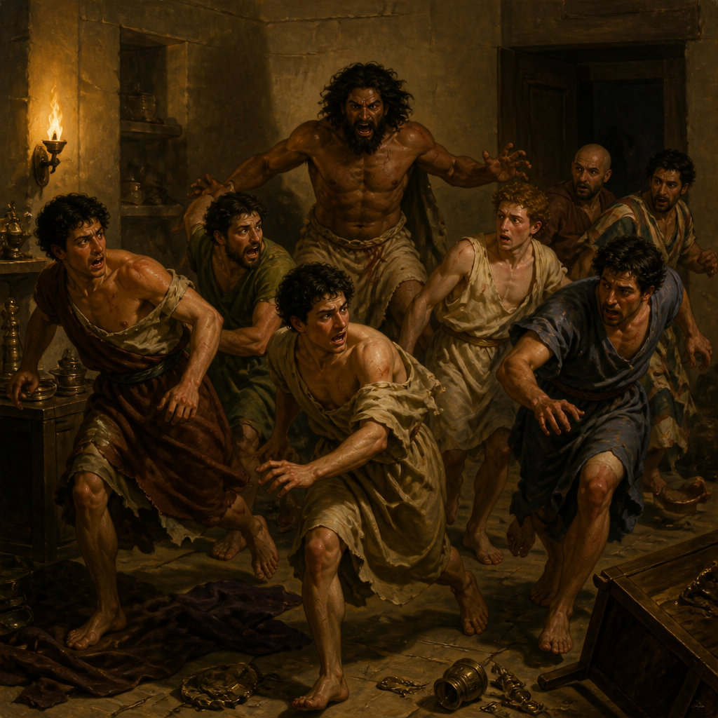 Oil-painting style scene of The Seven Sons of Sceva, figures from the Bible