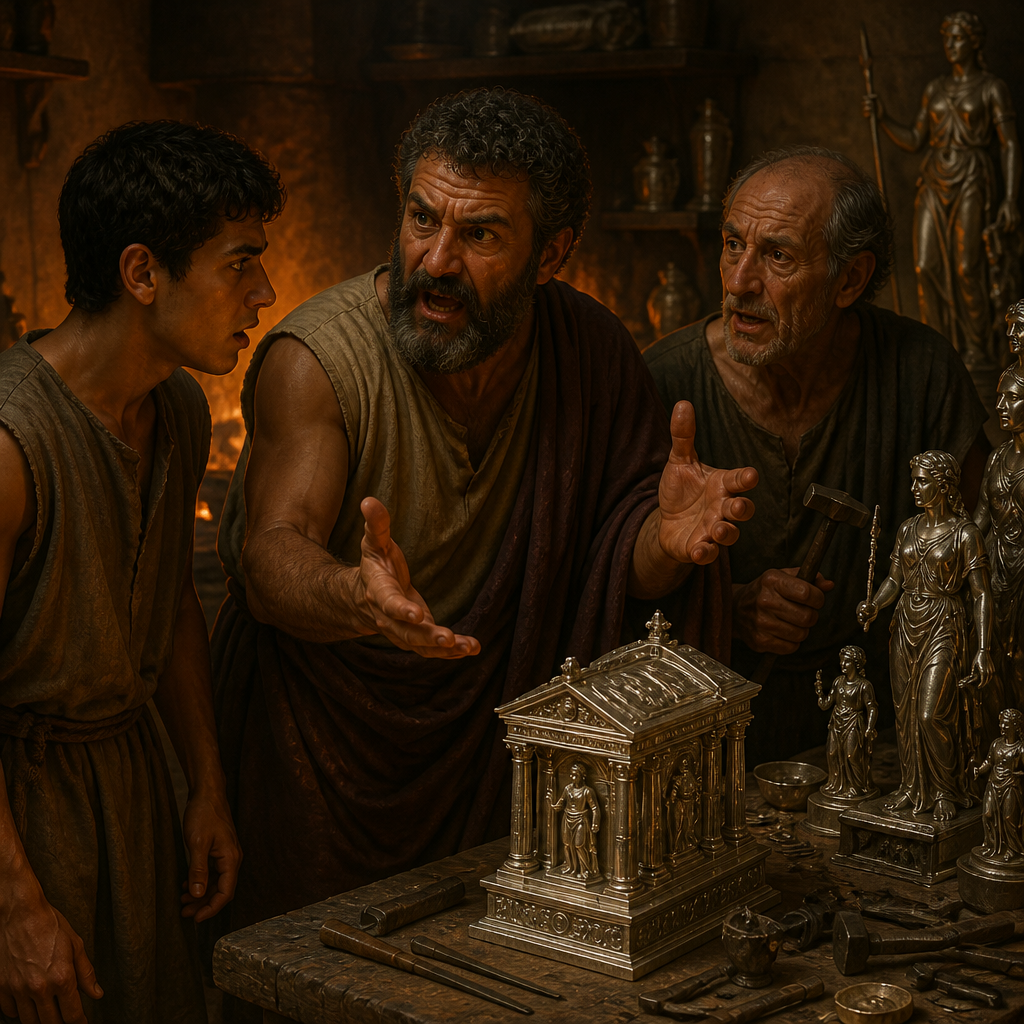 Oil-painting style portrait of The Silversmiths of Ephesus, Guild of craftsmen who incited a riot against the Apostle Paul in Ephesus