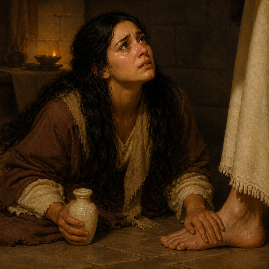 Oil-painting style portrait of The Sinful Woman Who Anointed Jesus' Feet, woman who wet Jesus' feet with tears and anointed them with perfume at a Pharisee's house