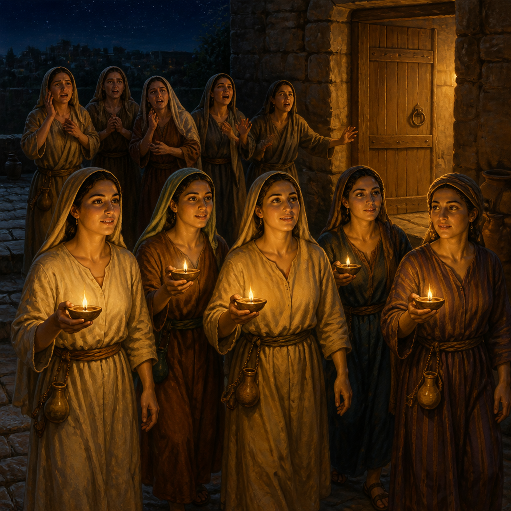 Oil-painting style illustration of The Ten Virgins, a character in one of Jesus' parables