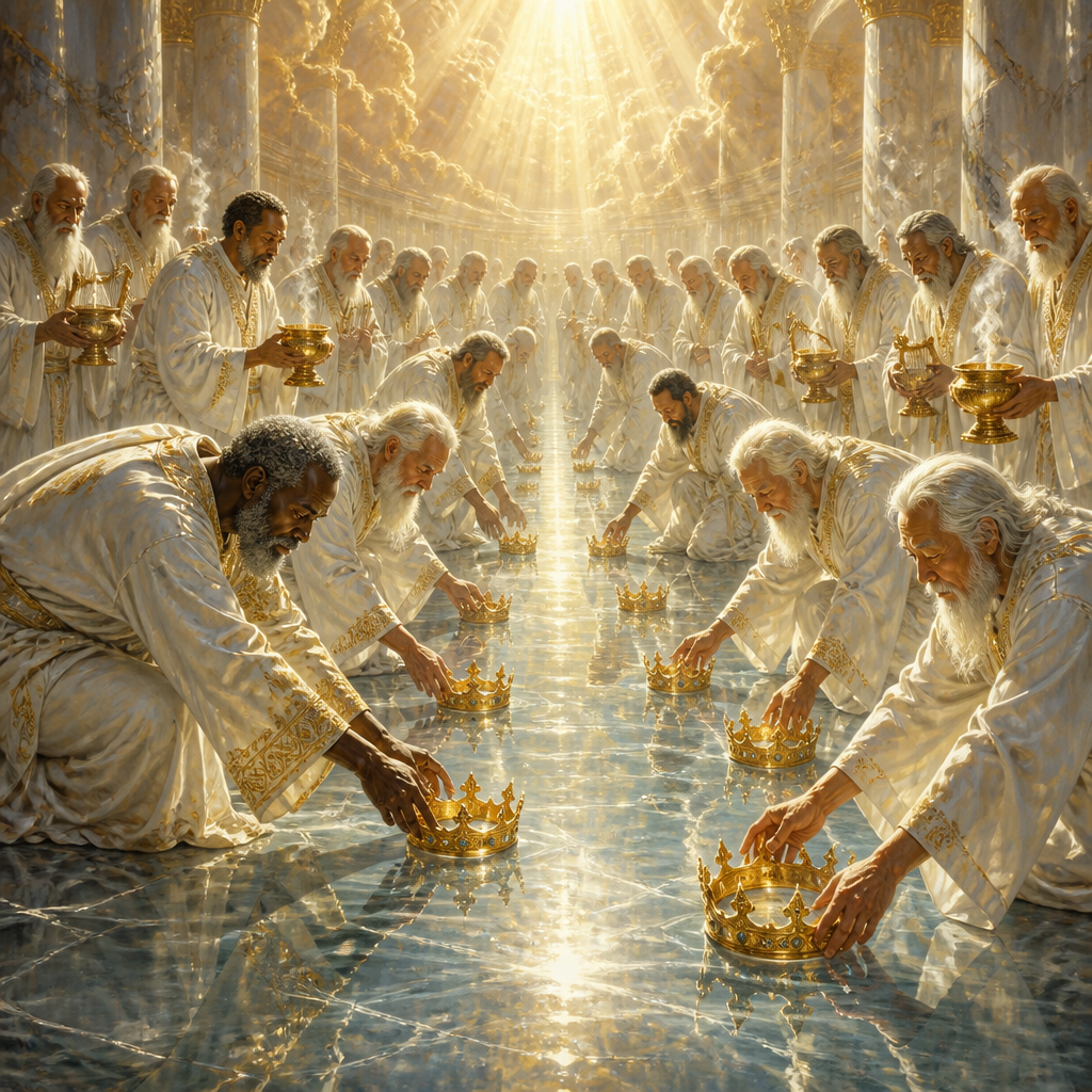 Oil-painting style scene of The Twenty-Four Elders, figures from the Bible