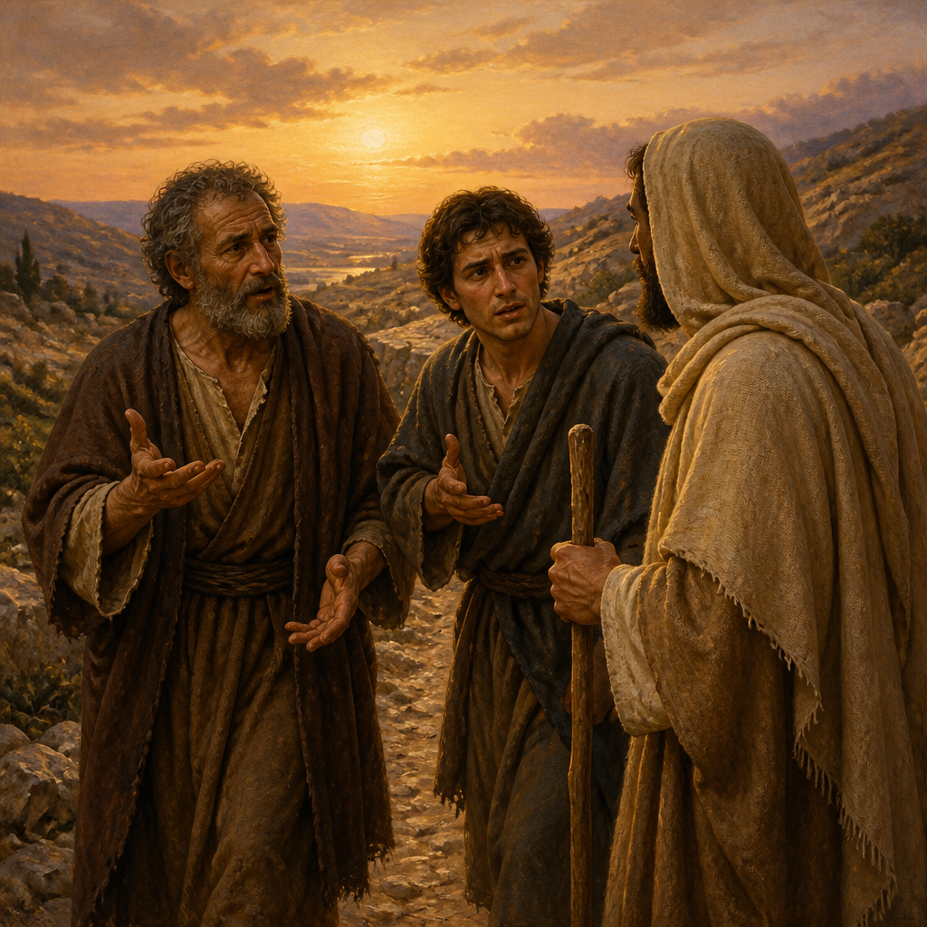 Oil-painting style scene of The Two Disciples on the Road to Emmaus, figures from the Bible