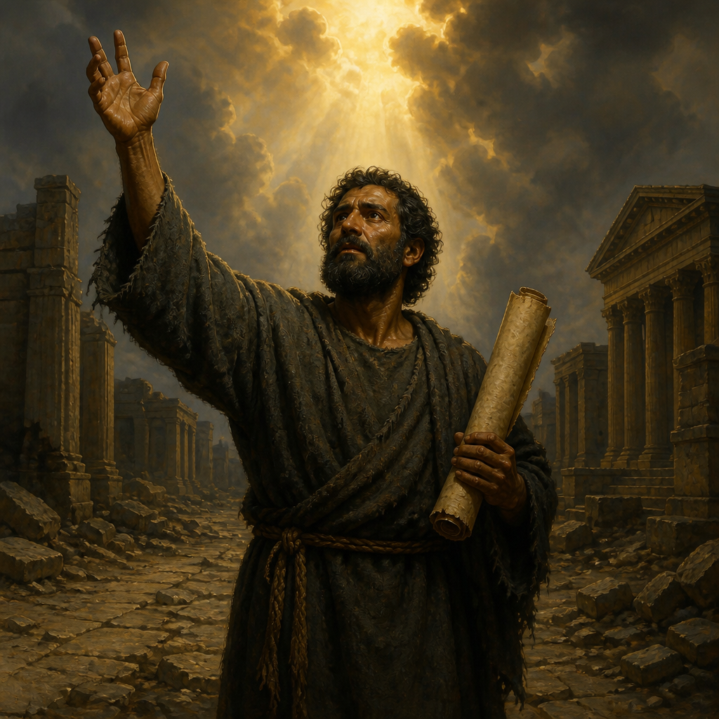 Oil-painting style portrait of The Two Witnesses, Prophetic ministry in Revelation characterized by miracles, martyrdom, and resurrection