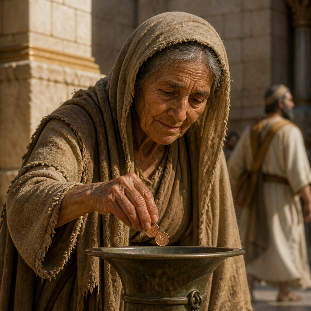 Oil-painting style portrait of The Widow with Two Mites, Poor woman who gave her last two coins to the Temple treasury