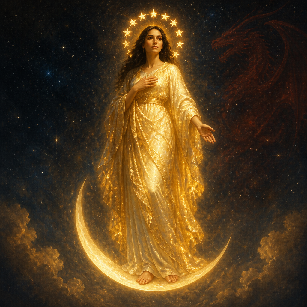 Oil-painting style portrait of The Woman Clothed with the Sun, Visionary woman in Revelation who gives birth to the Messiah and is protected by God from a dragon