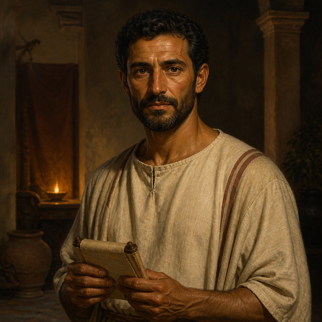 Oil-painting style portrait of Urbanus, Christian worker in Rome whom Paul calls a 'fellow worker in Christ'